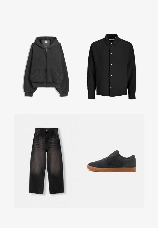 Sort zip-up hoodie lavet af blødt stof, med foret hætte, forlommer og elastiske manchetter og kant. Simpelt design med minimal syning.; Sort langærmet skjorte med knapper, lavet af struktureret stof og hvide knapper, med klassisk krave og manchetter.; Sorte denim bukser med vid ben, der har et falmet design, fem lommer, knaplukning og subtile slidte detaljer foran.; Mørkegrå ruskinds sneakers med en gummibrun sål, med et sort logo på siden og teksturerede detaljer på overdelen.