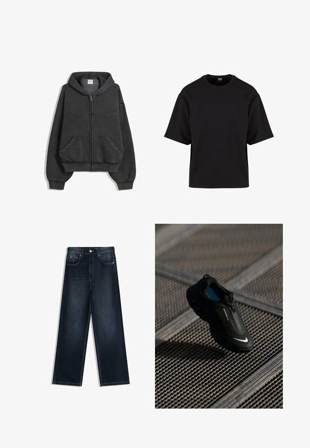 Sort zip-up hoodie lavet af blødt stof, med foret hætte, forlommer og elastiske manchetter og kant. Simpelt design med minimal syning.; Urban Classics SCUBA TEE - T-shirts basic - black; Vidbenede mørkeblå denimjeans med en glat tekstur, der har frontlukning med knapper, fem lommer og kontrasterende syninger.; Sort Nike Air Max sko med et strømlinet design, lynlås-lukning, struktureret overdel og fremtrædende hvidt logo på siden, sat mod en gitterbaggrund.