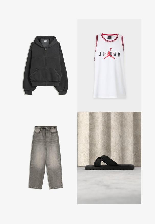 Sort zip-up hoodie lavet af blødt stof, med foret hætte, forlommer og elastiske manchetter og kant. Simpelt design med minimal syning.; Hvid ærmeløs basketballtrøje med rød kant, med sort "JORDAN" tekst og rød Jumpman-logo i midten.; Grå denimjeans med vide ben, frontknap, lynlåslukning, bæltestropper og fem-lomme design lagt fladt på en hvid baggrund.; Sort Calvin Klein slip-in sandal med tekstureret sål, hvilende på lyst tæppe foran moderne møbler i ravfarve.