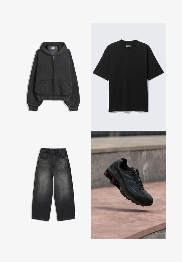 Schwarze Reißverschluss-Hoodie aus weichem Stoff, mit gefütterter Kapuze, Fronttaschen und elastischen Bündchen und Saum. Einfaches Design mit minimalen Nähten.; Schwarzes Baumwoll-T-Shirt mit kurzem Arm und lockerem Schnitt, Rundhalsausschnitt, vor einem schlichten hellen Hintergrund gezeigt.; Schwarz gewaschene Jeans mit weitem Bein, vorne und hinten Taschen, Gürtelschlaufen und einem Knopfverschluss in der Taille.; Schwarzer athletischer Sneaker mit sichtbarer Air-Cushioning-Zwischensohle, der über einer rosa Steinoberfläche mit grauer Steinmauer im Hintergrund schwebt.