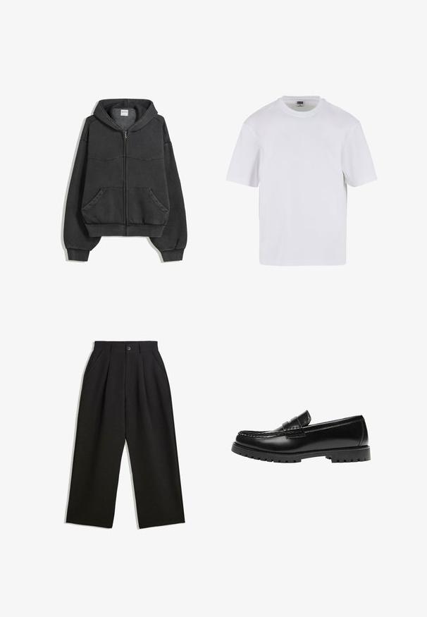 Schwarze Reißverschluss-Hoodie aus weichem Stoff, mit gefütterter Kapuze, Fronttaschen und elastischen Bündchen und Saum. Einfaches Design mit minimalen Nähten.; Weißes T-Shirt mit kurzen Ärmeln aus Baumwolle. Besitzt einen Rundhalsausschnitt und eine lockere Passform. Glatte Textur, minimalistisches Design, ohne Muster oder Akzente.; Schwarze Hose mit lockerem Schnitt, mit Falten an der Vorderseite, Seitentaschen und einem Knopfverschluss. Hergestellt aus strukturiertem Stoff.; Schwarzer Leder-Slipper mit dicker Gummisohle und klassischem Penny-Detail an der Riemen, von der Außenseite gezeigt.