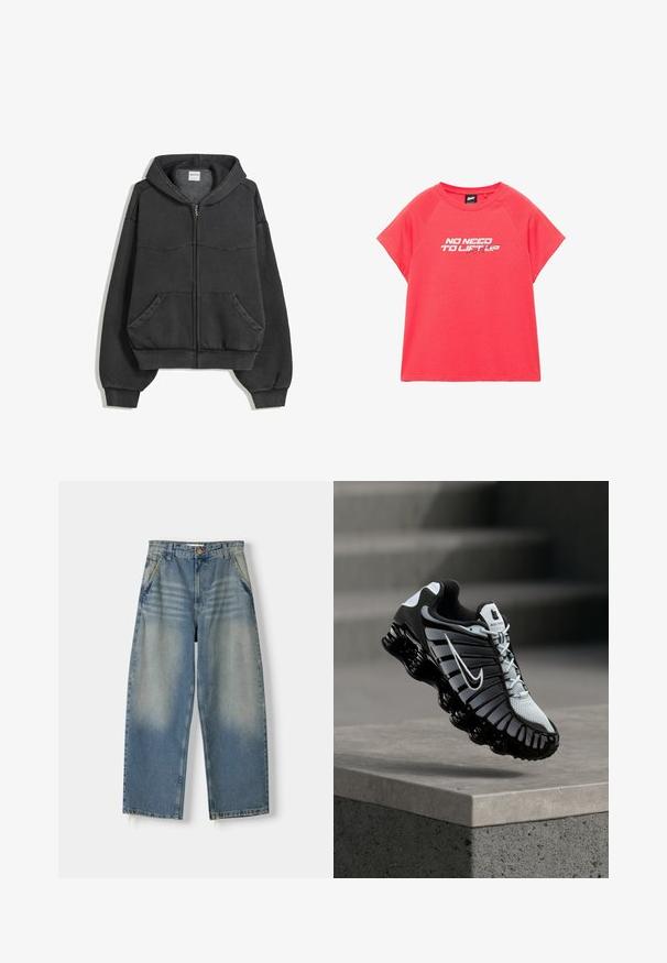 Schwarze Reißverschluss-Hoodie aus weichem Stoff, mit gefütterter Kapuze, Fronttaschen und elastischen Bündchen und Saum. Einfaches Design mit minimalen Nähten.; Knallrotes T-Shirt mit kurzen Ärmeln und weißem Text mit der Aufschrift "NO NEED TO LIFT UP", wobei "UP" teilweise von einem Glitch-Effekt verdeckt wird.; Hellblaue Denim-Jeans im weit geschnittenen Stil mit einem ausgewaschenen Finish, Fünf-Taschen-Design und rohem Saum. Mit einem Knopf- und Reißverschluss vorne.; Schwarz-weißes Nike-Laufschuh, der über einer Betonoberfläche mit einem gestuften Stein-Hintergrund schwebt.