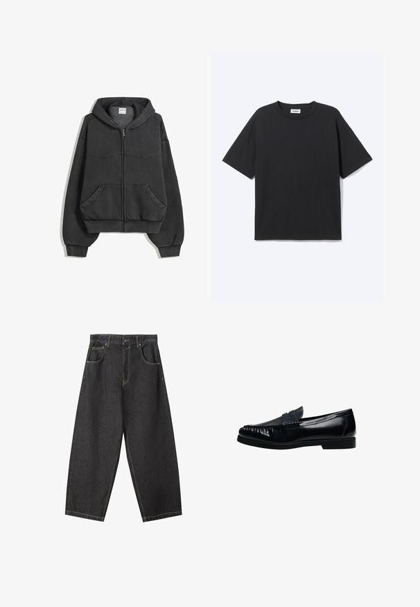 Schwarze Reißverschluss-Hoodie aus weichem Stoff, mit gefütterter Kapuze, Fronttaschen und elastischen Bündchen und Saum. Einfaches Design mit minimalen Nähten.; Schwarzes T-Shirt mit kurzen Ärmeln und Rundhalsausschnitt in lockerer Passform, Vorderansicht, schlichtes Design und sichtbares Weekday-Label im Krageninneren.; Schwarze Denim-Hosen im Weitbein-Design mit gelben Nähten, fünf Taschen und einem mittelhohen Bund. Texturiertes Material mit glatter Oberfläche.; Schwarzer Herren-Pennyloafer aus Leder mit genähter Mokassinnaht und niedrigem Absatz, seitlich auf weißem Hintergrund dargestellt.