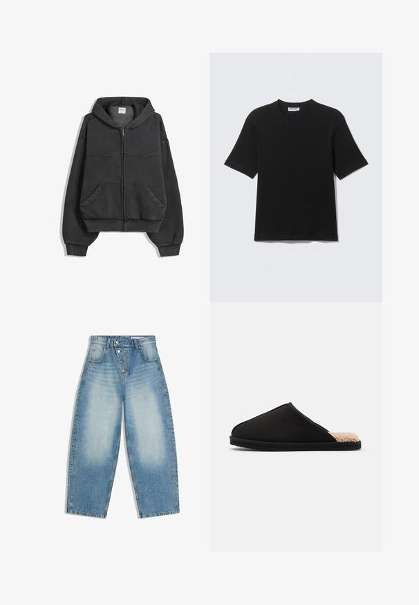 Sort zip-up hoodie lavet af blødt stof, med foret hætte, forlommer og elastiske manchetter og kant. Simpelt design med minimal syning.; Sort kortærmet T-shirt med rund hals og "WEEKDAY" mærke på indersiden af kraven, vist fladt på en lys baggrund.; Blå, højtsiddende jeans med vide ben, lukket med knapper og med falmede detaljer på forreste lår og lommer.; Sort hjemmesko med et blødt, tekstureret indre, slip-on design og en afrundet form. Har en fleksibel sort sål.