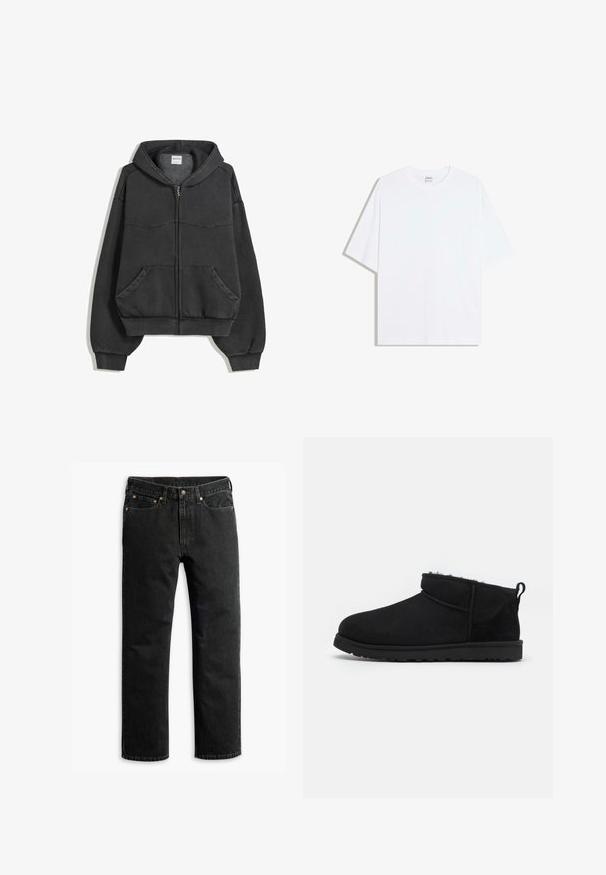 Schwarze Reißverschluss-Hoodie aus weichem Stoff, mit gefütterter Kapuze, Fronttaschen und elastischen Bündchen und Saum. Einfaches Design mit minimalen Nähten.; Weißes, übergroßes Baumwoll-T-Shirt mit rundem Ausschnitt und kurzen Ärmeln; glatte Textur, keine sichtbaren Muster oder Akzente.; Schwarze Jeans im geraden Schnitt mit fünf Taschen, Gürtelschlaufen und einem Knopfverschluss an der Taille, flach auf einem weißen Hintergrund ausgelegt.; Schwarze Wildleder-Stiefeletten mit einem weichen, strukturierten Innenfutter, einer flachen Gummisohle und einer Zugschlaufe auf der Rückseite für ein einfaches Anziehen.