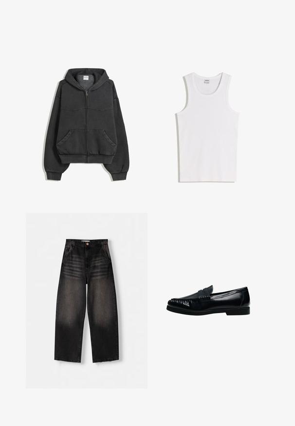 Schwarze Reißverschluss-Hoodie aus weichem Stoff, mit gefütterter Kapuze, Fronttaschen und elastischen Bündchen und Saum. Einfaches Design mit minimalen Nähten.; Weißes Baumwoll-Tanktop mit rundem Ausschnitt und breiten Trägern. Glatte Textur, keine Muster oder Akzente, schlichtes Design.; Schwarze Denim-Weite-Leg-Jeans mit einem ausgewaschenen Design, ausgestattet mit fünf Taschen, einem Knopfverschluss und dezenten Waschungen auf der Vorderseite.; Schwarzer Herren-Pennyloafer aus Leder mit genähter Mokassinnaht und niedrigem Absatz, seitlich auf weißem Hintergrund dargestellt.