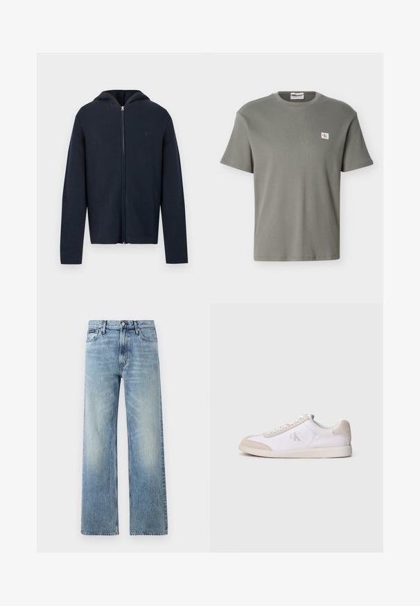 Sweat à capuche zippé marine en tissu doux, avec une fermeture éclair à l'avant, des manches longues et une capuche. Logo discret sur la poitrine. Texture lisse.; T-shirt gris à manches courtes en maille gaufrée avec col rond, orné d'un petit patch avec le logo CK sur la poitrine gauche, présenté sur un fond blanc.; Jean droit en denim bleu clair avec taille haute, cinq poches, fermeture à boutons et léger délavage sur les cuisses et les genoux.; Baskets basses blanches et beiges avec fermeture à lacets, accents en daim, et logo « cK » sur le côté, présentées de profil sur un fond uni.