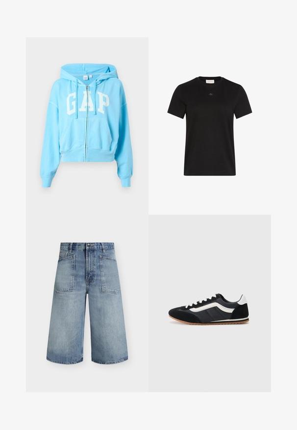 Sweat à capuche zippé bleu clair avec poches avant, capuche à cordon de serrage et grand logo "GAP" blanc sur la poitrine.; T-shirt noir à manches courtes col rond avec petit logo Calvin Klein centré sous l'encolure.; Short en denim bleu clair taille haute, jambes larges, poches plaquées à l'avant, passants pour ceinture et fermeture à boutons.; Chaussure de sport noire avec tige en suède et textile, accents blancs, six œillets et semelle en caoutchouc. Forme élégante avec un profil bas.