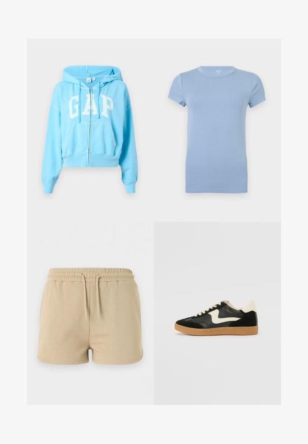 Sweat à capuche zippé bleu clair avec poches avant, capuche à cordon de serrage et grand logo "GAP" blanc sur la poitrine.; T-shirt bleu clair à manches courtes et col rond, design uni, présenté à plat sur un fond blanc.; Short beige en coton avec taille élastique et cordon à l’avant, conçu pour un usage décontracté.; Baskets en daim et cuir noir avec un swoosh latéral crème et un talon crème clair. Dotées de lacets beige et d'une semelle en caoutchouc gomme.