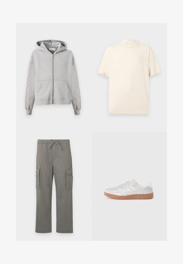Grå hætte sweatshirt med fuld lynlås, med nitter langs ærmerne og kenguruposer. Blødt bomuldsstof.; Enkelt beige t-shirt med korte ærmer og rund hals, vist fladt på en lys grå baggrund.; Grå cargo bukser med lige ben, elastisk talje, binding, sidelommer med klap og forlommer præsenteret på en hvid baggrund.; Sølv sneakers med en glat overflade, snørebånd, perforerede detaljer og en struktureret brun gummi sål.