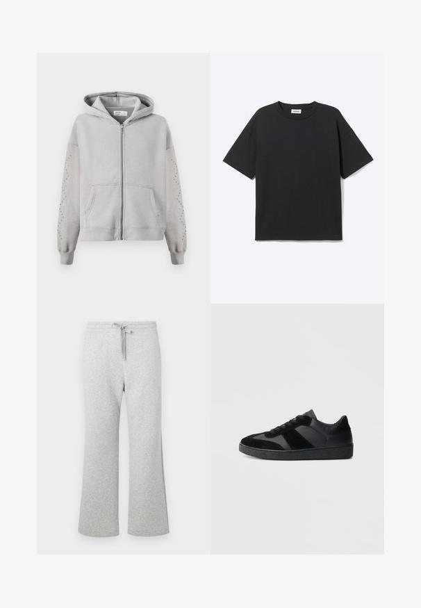 Grå hætte sweatshirt med fuld lynlås, med nitter langs ærmerne og kenguruposer. Blødt bomuldsstof.; Sort T-shirt med korte ærmer og rund hals med afslappet pasform, forfra, ensfarvet design og synligt Weekday-mærke inde i kraven.; Lys grå bomuldsblandede sweatpants med lige ben, elastisk talje, snøre og sidelommer, vist fladt på hvid baggrund.; Sorte sneakers med en kombination af glat læder og ruskind, med en tekstureret sort gummisål og subtil stripingdetalje.