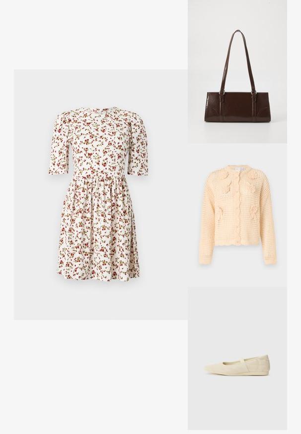 Cardigan beige en maille avec une texture ajourée, appliqués floraux, ourlet festonné et boutons centraux. Design léger et court.; Robe blanche mi-longue avec manches courtes bouffantes et imprimé floral rouge réparti uniformément sur le tissu.; Ballerines beiges avec une exterior en cuir lisse, un bout en forme d'amande et une sangle élastique sur le coup de pied, avec des détails de couture subtils.; Sac à main en cuir verni marron de forme rectangulaire, avec deux longues poignées et des accents courbés subtils à l'avant.