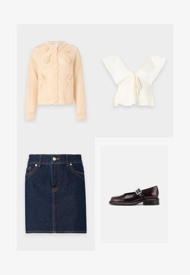Cardigan beige en maille avec une texture ajourée, appliqués floraux, ourlet festonné et boutons centraux. Design léger et court.; Blouse courte couleur blanc cassé avec larges manches évasées, encolure en V profonde et détail de lien à l'avant.; Jupe en denim bleu foncé avec des coutures visibles, design à cinq poches et fermeture par bouton à l'avant. Coupe droite avec un ourlet net.; Chaussure Mary Jane unique brillante couleur bordeaux foncé avec une large bride et une boucle argentée, talon bloc bas et bout arrondi sur fond blanc.