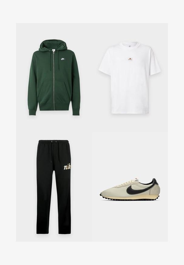 Σκούφο πράσινο φούτερ Nike με φερμουάρ, μπροστινές τσέπες, κουκούλα με κορδόνι και λευκό λογότυπο Nike στο αριστερό στήθος.; Λευκό βαμβακερό t-shirt με στρογγυλή λαιμόκοψη και κοντά μανίκια. Διαθέτει ένα μικρό καφέ και λευκό λογότυπο στο στήθος.; Μαύρη φόρμα κατασκευασμένη από μαλακό ύφασμα, με ελαστική μέση και κορδόνια, στενά μπατζάκια και χρυσή κεντημένη στάμπα "nike".; Μπεζ καμβαδίνη αθλητικά με μαύρες δερμάτινες λεπτομέρειες, στρογγυλή μύτη, επίπεδη μαύρη σόλα και λευκές κορδόνες. Διαθέτει έντονο μαύρο λογότυπο.