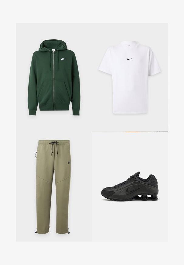 Σκούφο πράσινο φούτερ Nike με φερμουάρ, μπροστινές τσέπες, κουκούλα με κορδόνι και λευκό λογότυπο Nike στο αριστερό στήθος.; Λευκό T-shirt με κοντά μανίκια, μαύρο λογότυπο Nike swoosh στο κέντρο του στήθους και απλό στρογγυλό λαιμόκοψη.; Ελιά πρασινωπό παντελόνι φόρμας Nike με μαύρα κορδόνια, φερμουάρ στην πλαϊνή τσέπη, ένθετα στα γόνατα και ρυθμιζόμενους δεσμούς στον αστράγαλο.; Μαύρα αθλητικά παπούτσια με λείο συνθετικό άνω μέρος, διάτρητες λεπτομέρειες, υφή στις πλευρές και ξεχωριστή ελαστική σόλα.