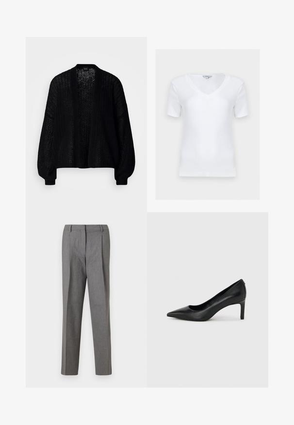 Sort, åben-frem cardigan lavet af strikstof. Har løse ærmer og et tekstureret mønster. Ingen lukning med en afslappet silhuet.; Hvid kortærmet ribstrikket T-shirt med V-hals og figursyet pasform, vist fladt mod en lys baggrund.; Grå skræddersyede bukser med et tekstureret stof, der har et lige ben-design, folder foran og en talje uden synbare hardware.; Sort læderhøjhælet pumpe med spids tå og slank, mellemhøj hæl på en ensartet lys grå baggrund.