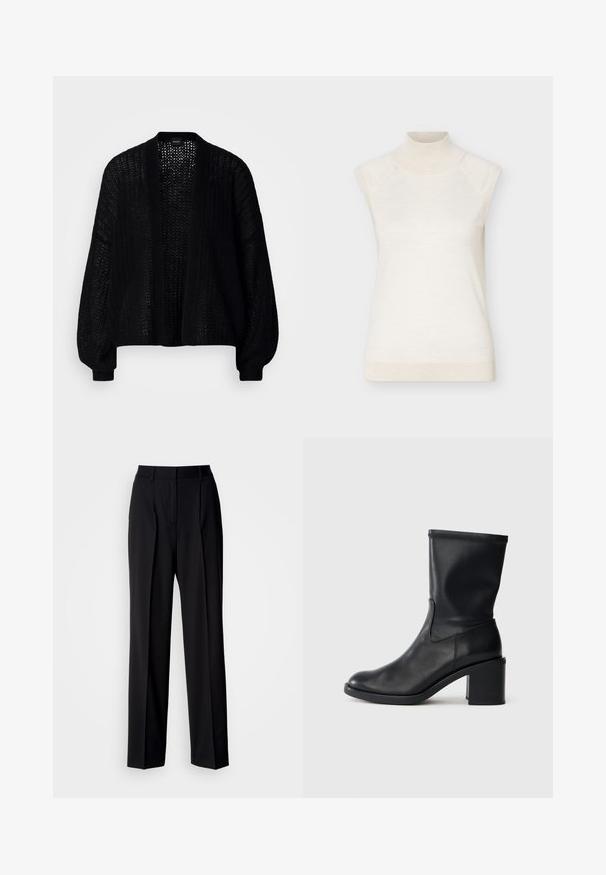 Sort, åben-frem cardigan lavet af strikstof. Har løse ærmer og et tekstureret mønster. Ingen lukning med en afslappet silhuet.; Ærmeløs cremefarvet rullekravesweater med ribstrikket krave og kant, vist mod en ensfarvet lys baggrund.; Sorte skræddersyede bukser med høj talje, plisseringer og en vid benform. Fremstillet af glat stof med fladt foran og bæltestropper.; Sort læder ankelstøvle med rund tå, glat tekstur og en grov hæl, der har et tætsiddende skaft og subtil syning.