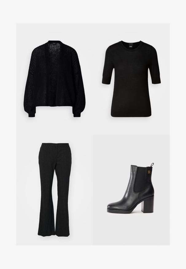 Sort, åben-frem cardigan lavet af strikstof. Har løse ærmer og et tekstureret mønster. Ingen lukning med en afslappet silhuet.; Sort T-shirt med korte ærmer lavet af fin merinould. Rund halsudskæring, slim fit, glat tekstur, minimalt design, ingen synlige mønstre eller accenter.; Sorte flagrende bukser med stikninger, der har en glat tekstur og en mellemhøj talje, designet med en skræddersyet pasform og en subtil glans.; Sorte læder ankelstøvle med blokhæl, elastisk sidesk panel, trække-løkke og lille guldlogo på den øverste side.