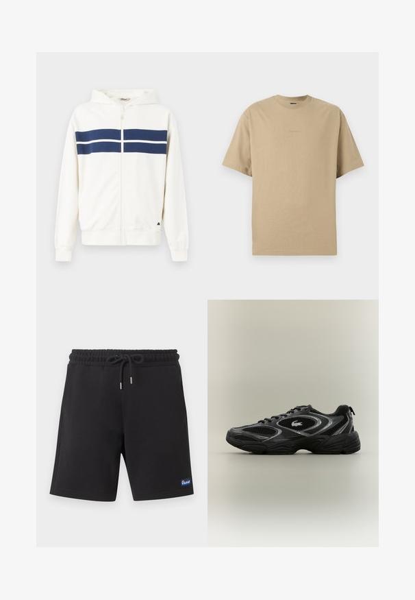 Hvid zip-up hoodie med marineblå vandrette striber over brystet og på ærmerne. Har en hætte og ribbede manchetter ved håndleddene.; Beige bomulds t-shirt med korte ærmer, rund hals og diskret logo detaljering foran. Glat tekstur, afslappet design.; Sorte afslappede shorts med elastisk taljebånd, snøre, sidelommer og et lille blåt logomærke på venstre ben nederst.; Sort og grå atletisk sneaker med mesh-paneler, snørebåndsdesign, tyk sål og et lille krokodillelogo på siden.