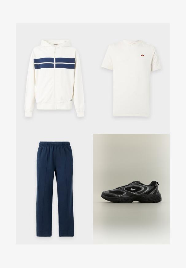 Hvid zip-up hoodie med marineblå vandrette striber over brystet og på ærmerne. Har en hætte og ribbede manchetter ved håndleddene.; Hvid kortærmet t-shirt med rund hals og lille rød og orange logo på venstre bryst mod en ensfarvet baggrund.; Marineblå bukser med elastisk talje og afslappet pasform. Har vertikale syninger og blød bomuldsstruktur.; Sort og grå atletisk sneaker med mesh-paneler, snørebåndsdesign, tyk sål og et lille krokodillelogo på siden.
