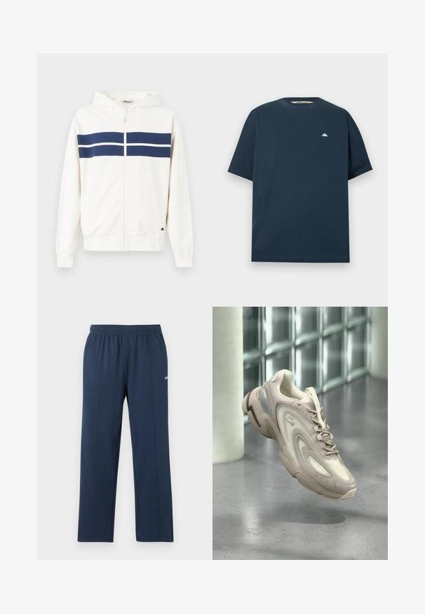 Hvid zip-up hoodie med marineblå vandrette striber over brystet og på ærmerne. Har en hætte og ribbede manchetter ved håndleddene.; Mørkeblå T-shirt med korte ærmer, rund halsudskæring og lille lyseblåt halvcirkel-logo på venstre bryst.; Marineblå sweatpants med lige ben, elastisk talje og diskrete vertikale sømme, lille hvidt logo på øverste lår.; Lysebeige sneaker med et elegant design, teksturerede overlays, en polstret sål og en gennemsigtig sektion på siden.