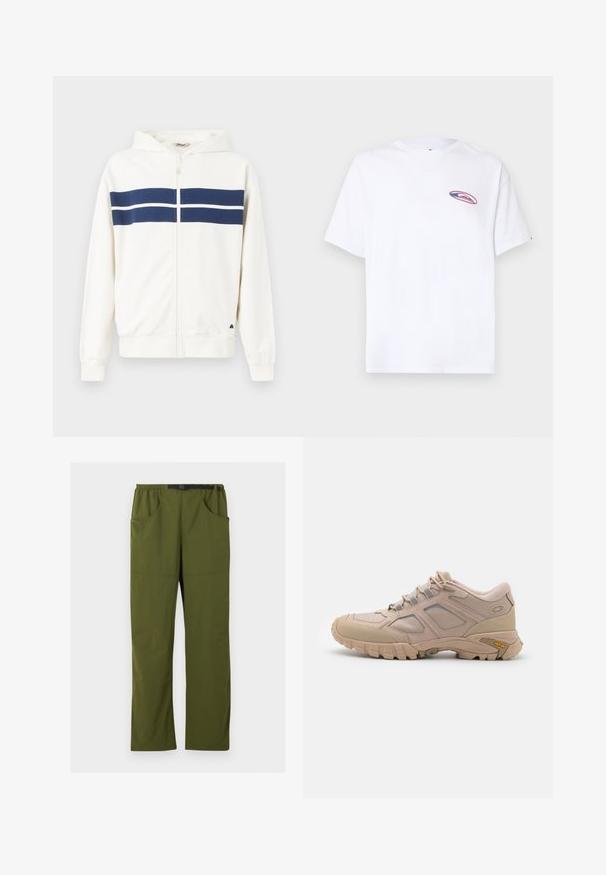 Hvid zip-up hoodie med marineblå vandrette striber over brystet og på ærmerne. Har en hætte og ribbede manchetter ved håndleddene.; Hvid T-shirt med korte ærmer og en lille oval formet lyserød og blå logo på venstre bryst, placeret mod en ensfarvet lys baggrund.; Olivengrønne bukser med lige ben, elastisk talje og sort justerbart spændebælte, forlommer og sidelommer, detaljer med søm foran.; Beige sportsko med en tekstureret mesh-overdel, syntetisk overlay og en Vibram-sål. Har snøresystem og detaljer på sidepanelet.