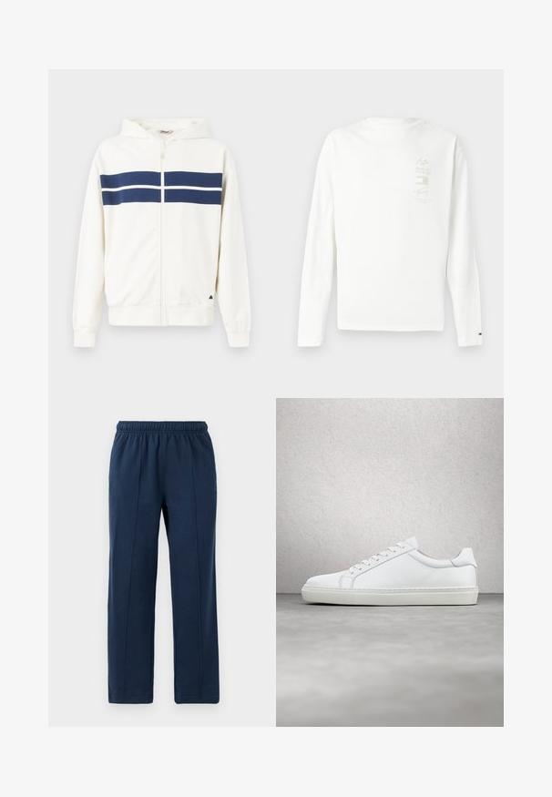 Hvid zip-up hoodie med marineblå vandrette striber over brystet og på ærmerne. Har en hætte og ribbede manchetter ved håndleddene.; Langærmet hvid bomulds T-shirt med et lille grafisk print i diskrete farver på venstre bryst og et logo på ærmeskæringen.; Marineblå bukser med elastisk talje og afslappet pasform. Har vertikale syninger og blød bomuldsstruktur.; Hvide sneakers med en glat læderoverdel og lav profil. Har en rund tå, seks snørehuller og en tekstureret gummisål.
