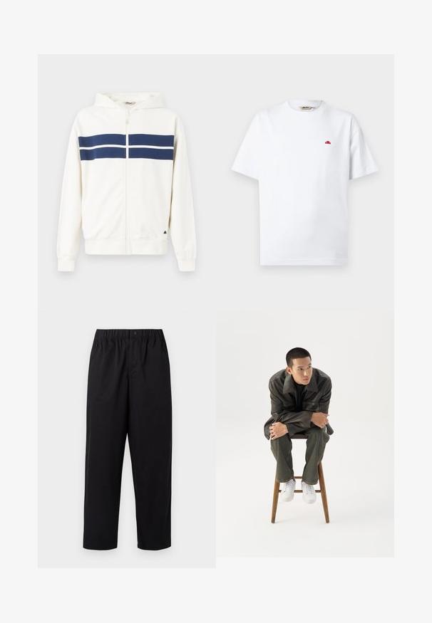 Hvid zip-up hoodie med marineblå vandrette striber over brystet og på ærmerne. Har en hætte og ribbede manchetter ved håndleddene.; Hvid T-shirt med korte ærmer og rund hals, med lille rødt logo på venstre bryst og mærke fra mærket indeni kraven.; Sorte, vide ben bukser med elastisk talje og en enkelt knap. Lavet af et glat, letvægtsstof. Lige kant.; Ung mand i mørk læderjakke og jeans sidder på en træskammel, læner sig fremad med armene krydset og kigger til siden mod hvid baggrund.