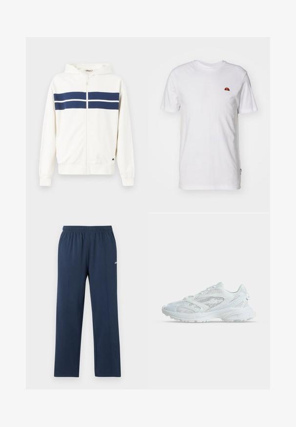 Sudadera blanca con cremallera y rayas horizontales azul marino en el pecho y en las mangas. Tiene capucha y puños acanalados en las muñecas.; Camiseta sencilla blanca de manga corta con un pequeño logo semicircular rojo y naranja en la parte superior izquierda del pecho.; Pantalones deportivos azul marino de corte recto con cintura elástica y costuras verticales sutiles, pequeño logo blanco en el muslo superior.; Zapatilla deportiva blanca con paneles de malla y suela texturizada, mostrada de lado sobre un fondo liso y claro.