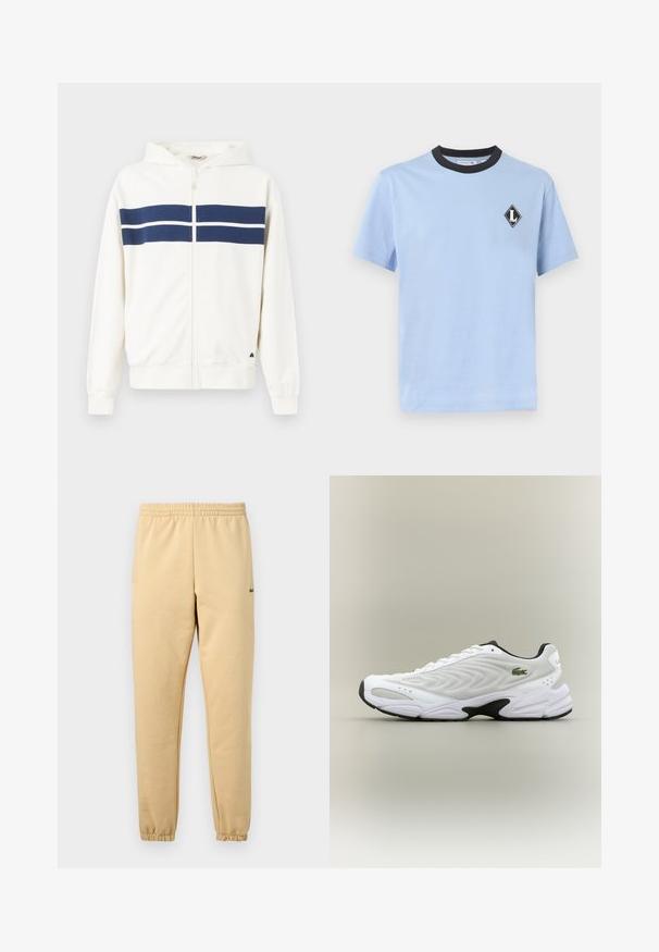 Hvid zip-up hoodie med marineblå vandrette striber over brystet og på ærmerne. Har en hætte og ribbede manchetter ved håndleddene.; Lyseblå T-shirt med korte ærmer, sort rund halsudskæring og lille sort-hvid diamantformet logo på venstre bryst.; Beige joggebukser med elastisk talje og manchetter, der har en lille grøn krokodillebroderet logo på højre lår.; Hvide atletiske sko med tekstureret mesh-overdel, buet design og kontrasterende sort ydersål. Har en grøn broderet logo på siden.