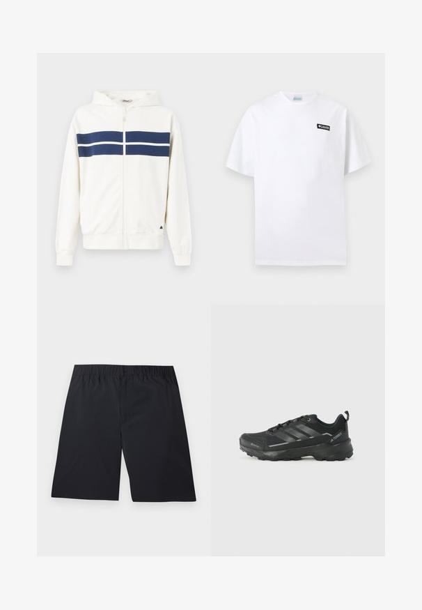 Hvid zip-up hoodie med marineblå vandrette striber over brystet og på ærmerne. Har en hætte og ribbede manchetter ved håndleddene.; Hvid T-shirt med korte ærmer og et lille sort Columbia-logo på venstre side af brystet mod en ensfarvet baggrund.; Sorte knælange shorts med elastisk linning og frontknaplukning, lagt fladt mod en hvid baggrund.; Sorte atletiske sko med en tekstureret stofoverdel, tre sølvstriber, forstærket tå og en robust gummisål til godt greb.