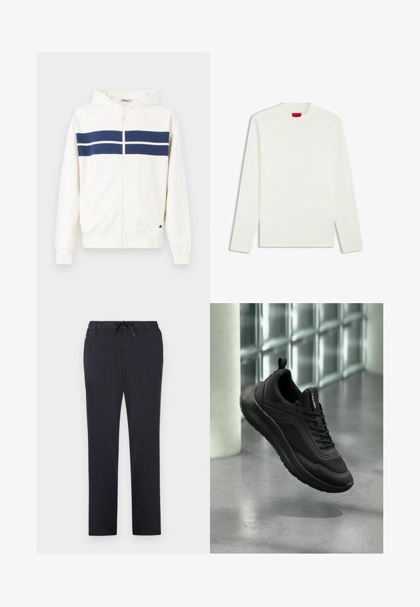 Witte zip-up hoodie met marineblauwe horizontale strepen over de borst en op de mouwen. Beschikt over een capuchon en ribgebreide manchetten bij de polsen.; Lange mouwen, ronde hals T-shirt van off-white stof met een gladde textuur. Heeft een rode "HUGO" label op de nek. Eenvoudig, onversierd ontwerp.; Zwarte sportbroek gemaakt van zachte stof met een elastische tailleband, verstelbaar trekkoord en straight-leg ontwerp. Geen zichtbare patronen of versieringen.; Zwarte Calvin Klein sneaker met mesh en effen panelen, veters en een treklus, zwevend boven een gepolijste betonnen vloer nabij glasblokken.