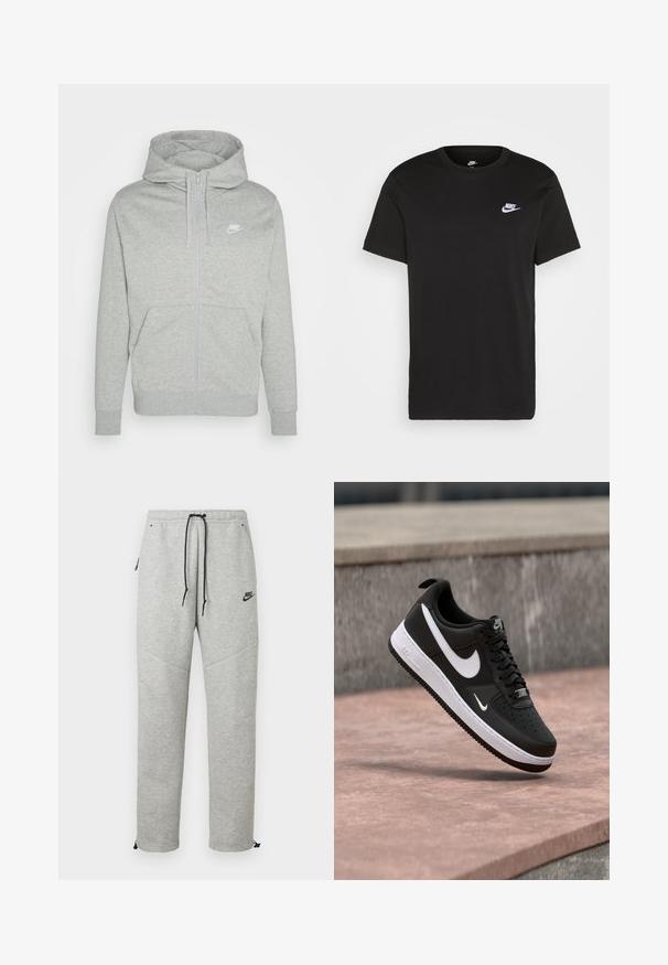 Grau farbener Zip-Hoodie aus weichem Stoff. Verfügt über eine Fronttasche, eine Kapuze mit Kordelzug und ein kleines weißes Nike-Logo auf der Brust.; Schwarzes Baumwoll-T-Shirt mit kurzen Ärmeln, Rundhals und kleinem weißem Nike-Logo auf der oberen linken Brust. Glatte Textur. Klassische Passform.; Graue Nike Sweatpants mit einem Kordelzugbund, Seitentaschen und elastischen Bündchen. Sie haben eine glatte Textur und ein kontrastierendes schwarzes Logodetail.; Schwarz-weißer Nike Air Force 1 Sneaker, der über einer rosa Betonfläche mit grauem Stein-Hintergrund schwebt.