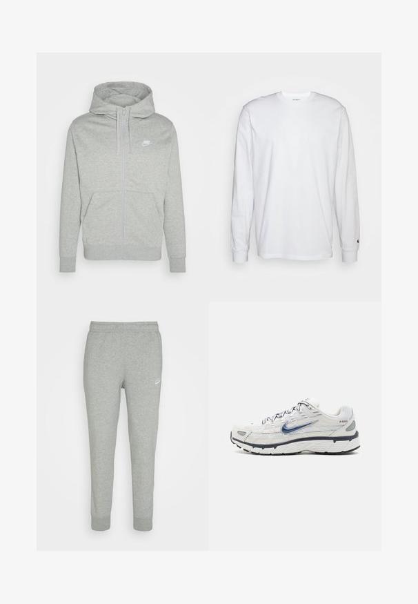 Grau farbener Zip-Hoodie aus weichem Stoff. Verfügt über eine Fronttasche, eine Kapuze mit Kordelzug und ein kleines weißes Nike-Logo auf der Brust.; Weißes Langarm-T-Shirt aus Baumwolle. Rundhals-Design mit gerippten Bündchen und kleinem Logo auf dem linken Ärmel. Glatte Textur.; Graue Sweatpants aus weichem Stoff, mit schmal zulaufendem Bein, elastischem Bund und kleinem weißen Nike-Logo am linken Oberschenkel.; Nike Sportswear P 6000 UNISEX - Sneaker low - phantom/obsidian/summit white/white/black/metallic silver