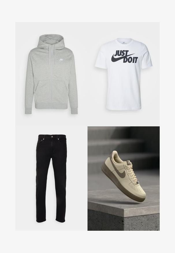Grau farbener Zip-Hoodie aus weichem Stoff. Verfügt über eine Fronttasche, eine Kapuze mit Kordelzug und ein kleines weißes Nike-Logo auf der Brust.; Weißes Baumwoll-T-Shirt mit einem auffälligen schwarzen "Just Do It"-Logo und Nike-Swoosh. Klassisches Rundhalsausschnitt-Design mit kurzen Ärmeln.; Schwarze Denim-Jeans mit geradem Schnitt, Fünf-Taschen-Design, Reißverschluss und Knopfverschluss. Mit subtilen Waschungen und minimaler Naht versehen.; Beige und brauner Nike Air Force 1 Sneaker mit Schnürsenkeln, schwebend über einer Betonfläche mit Treppen im Hintergrund.