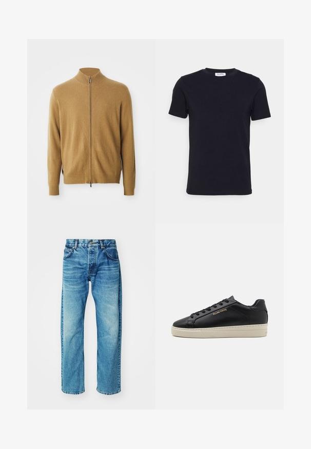 Cárdigan completo de color camel con cuello alto, mangas largas, puños acanalados y sutil logo bordado en el pecho.; Camiseta negra de manga corta con cuello redondo, con una pequeña etiqueta blanca en el interior del cuello.; Jeans de mezclilla azul con un ajuste relajado, que cuentan con cinco bolsillos, cierre de botón y un ligero desvanecimiento con un dobladillo ligeramente deshilachado.; Zapatilla de cuero negra con un acabado suave, suela crema en contraste, puntera redonda, logo dorado en el lateral y seis ojales para los cordones.