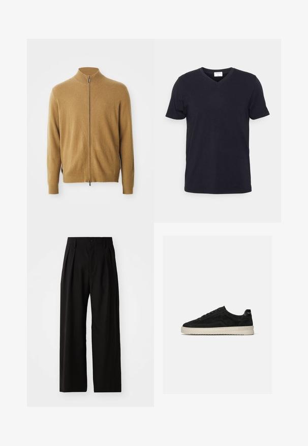 Cárdigan completo de color camel con cuello alto, mangas largas, puños acanalados y sutil logo bordado en el pecho.; Camiseta negra de cuello en V hecha de algodón, con mangas cortas y un corte relajado. Diseño sencillo, sin patrones ni acentos adicionales.; Pantalones de pierna ancha negros con una textura suave, que cuentan con dos pliegues frontales, cierre de botón y bolsillos laterales. Tejido duradero.; Zapatilla deportiva baja de ante negro con cordones negros y suela de goma blanca, vista lateral sobre fondo gris claro liso.