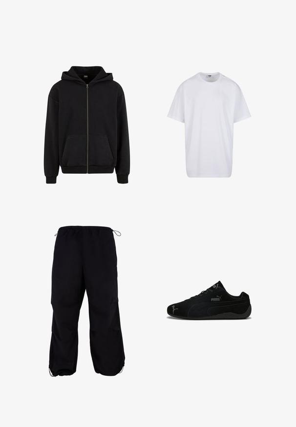 Sweat à capuche noir zippé intégral avec poches kangourou à l'avant et poignets et ourlet côtelés, affiché sur fond blanc.; T-shirt blanc uni en coton à manches courtes avec col rond et étiquette de taille et de marque visible à l'intérieur du col.; Pantalons cargo noirs amples avec une taille élastique et un cordon de serrage réglable. Équipés de poches zippées et de bords de cheville.; Baskets en suède noir avec un profil bas. Présentent un design texturé, une semelle en caoutchouc noir et des accents du logo Puma en argent.