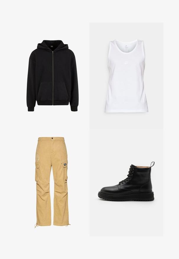 Urban Classics VINTAGE - Sweater met rits - black; Witte katoenen top met een ronde halslijn, zonder mouwen en een klein ton-sur-ton Nike-logo op de voorkant. Zachte textuur.; Tan corduroy cargobroek met een losse pasvorm, voorzien van zijzakken, een trekkoord aan de onderkant en een subtiele logoprint aan de zijkant.; Sneaky Steve SLACK - Veterboots - black