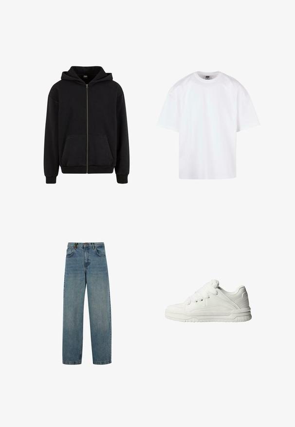 Urban Classics VINTAGE - Sweat zippé - black; T-shirt blanc à manches courtes avec un col rond, en coton, présentant une coupe décontractée et des détails de couture minimaux.; Jeans en denim bleu délavé avec une coupe droite, style à cinq poches et fermeture à bouton. Le matériau présente une légère texture et des signes d'usure.; Baskets blanches avec un extérieur en cuir lisse, une languette rembourrée, des lacets plats et des accents texturés sur les côtés et le talon.