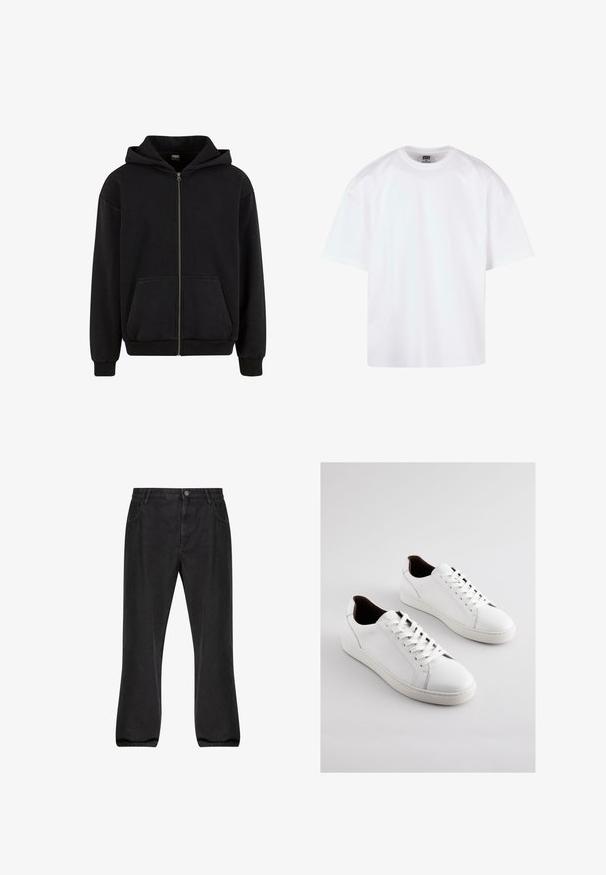 Urban Classics VINTAGE - Lukuga pusa - black; Valge puuvillane lühikeste varrukatega t-särk ümarselja kaelusega, mis on lõdva lõikega ja minimaalsete õmbluse detailidega.; Mustad denim püksid sirge jala disainiga, viie taskuga, nööpkinnitusega ja kerge fade tekstuuriga.; Valged nahast tossud madala profiiliga, külgedel perforatsioonid, lamedad paelad ja kontrastne pruun sisemine vooder. Kummist tallal tekstuuriga muster.