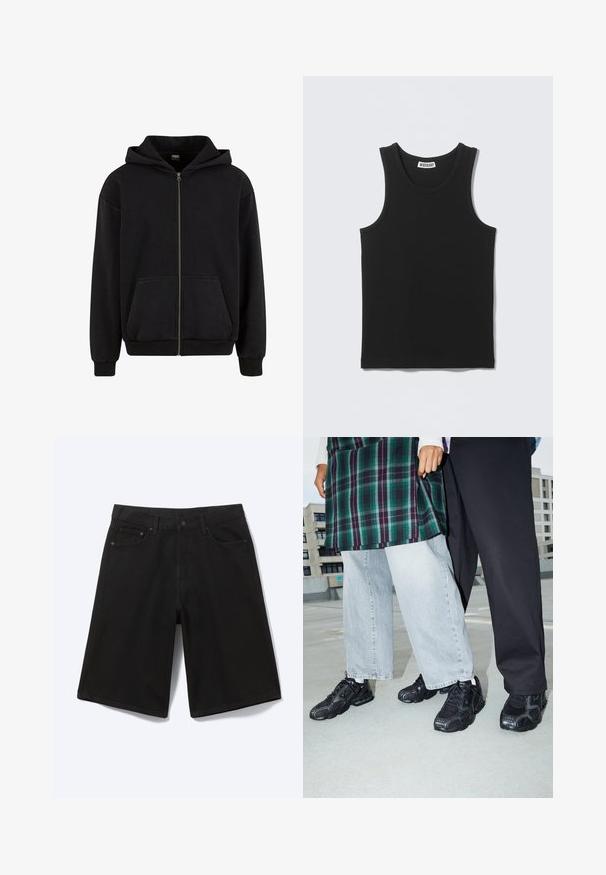 Urban Classics VINTAGE - Lukuga pusa - black; Must seljataoline soonikootud topp ümmarguse kaelusega ja Weekday kaubamärgiga sildiga kaela siseküljel taga.; Mustad põlvpikad teksapüksid ees nupuga, vöölõikudega ja viie taskuga, valge taustaga.; Mustad mustad jalanõud, millel on võrkkangast ja kummist aktsendid. Kannab heledat halli laiade jalgadega teksapükse ja ruudulist rohelisest topi. Lame pind taust.