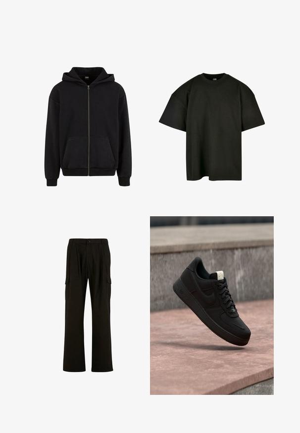Urban Classics VINTAGE - Sweater met rits - black; Zwart oversized t-shirt van zachte katoen. Heeft een ronde ronde halslijn en korte mouwen, met een zachte textuur en een minimalistisch ontwerp.; Urban Classics WIDE - Cargobroek - black; Zwarte Nike Air Force 1 sneaker die boven een roze betonnen richel zweeft met een grijze stenen achtergrond, met zij- en bovenzijde details.