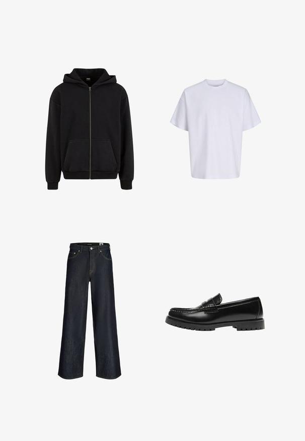 Urban Classics VINTAGE - Sweatjacke - black; Schlichtes weißes T-Shirt mit kurzen Ärmeln und Rundhalsausschnitt, auf weißem Hintergrund präsentiert, Vorderansicht ohne sichtbare Logos oder Muster.; Dunkelblaue Jeans mit weitem Bein, Vorderknöpfen, Taschen und sichtbarer oranger Naht auf weißem Hintergrund.; Schwarzer Leder-Slipper mit dicker Gummisohle und klassischem Penny-Detail an der Riemen, von der Außenseite gezeigt.