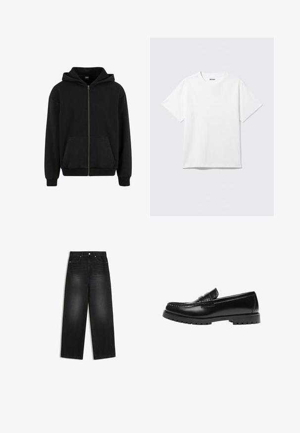 Urban Classics VINTAGE - Mikina so zipsom - black; Biely krátky rukáv tričko s okrúhlym výstrihom, na rovine, jednoduchý dizajn, so štítkom "WEEKDAY" vo vnútri goliera na svetlom pozadí.; Čierne rifle s vysokým pásom a rovným strihom nohavíc, s prednými vreckami, zapínaním na gombíky a jemne vyblednutými detailmi na stehnách a kolenách.; Čierna kožená mokasína s robustnou gumovou podrážkou a klasickým pásikom na penny, zobrazená z vonkajšej strany.