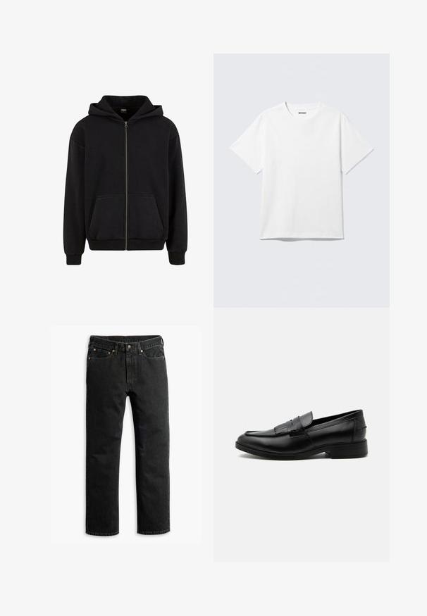 Urban Classics VINTAGE - Sweatjakke - black; Hvid kortærmet crewneck T-shirt lagt fladt ud, ensfarvet design, med "WEEKDAY" mærkat inde i kraven på en lys baggrund.; Sorte lige ben denim jeans med fem lommer, bæltestropper og en knaplukning i taljen, lagt fladt på en hvid baggrund.; Sort læder herre loafers med kvast detalje, rundet tå, lav hæl og glat poleret finish, vist fra siden på hvid baggrund.