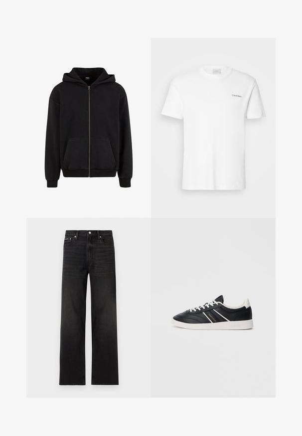 Urban Classics VINTAGE - Mikina so zipsom - black; Biela bavlnená tričko s krátkymi rukávmi a okrúhlym výstrihom. Na ľavej strane hrude sa nachádza malé čierne logo "Calvin Klein".; Čierne rovné džínsy s piatimi vreckami, pútkami na opasok a zapínaním na gombík, zobrazené na bielom pozadí.; Čierna nízka teniska s bielymi šnúrkami, bielou podrážkou, bielymi pruhovanými detailmi a logom "Tommy Jeans" na boku.