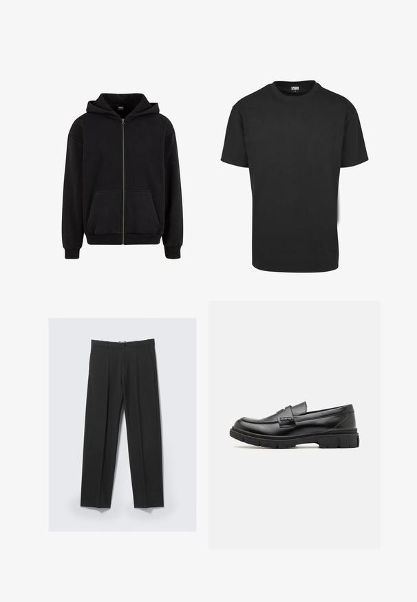 Urban Classics VINTAGE - Sweatjakke - black; Sort bomuld t-shirt med korte ærmer, rund halsudskæring og almindelig pasform. Stoffet fremstår glat og uden pynt.; Sorte skræddersyede bukser med forreste plisseringer, sidelommer, bæltestropper og knaplukning ved linningen på en lys baggrund.; Sort læder loafersko med en bred rem over forfoden, gummisål med tykke mønstre og glat overflade. Klassisk, slankt design.