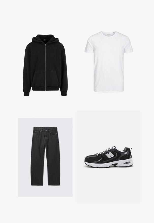 Urban Classics VINTAGE - Sudadera con cremallera - black; Camiseta de manga corta y cuello redondo en blanco sólido, fabricada en algodón suave, presenta un diseño simple sin patrones ni acentos visibles.; Vaqueros negros de pierna recta con estilo de cinco bolsillos y cierre de botón en la cintura, colocados planos sobre un fondo claro.; Zapatillas deportivas en negro y gris con parte superior de malla y ante, que cuentan con una entresuela blanca, cordones y un llamativo logo "N" en el lateral.