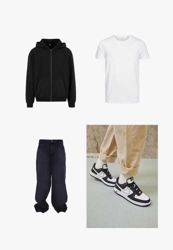 Urban Classics VINTAGE - Sweater met rits - black; Ronde hals kortemouwen t-shirt in effen wit, gemaakt van zachte katoen, heeft een eenvoudig ontwerp zonder zichtbare patronen of accenten.; Zwarte oversized baggy jeans met knoop- en ritssluiting aan de voorkant, voorzakken en losse, brede pijpen.; Zwart-witte Nike Air Force 1 sneakers met een leren bovenwerk, geperforeerde neus en gestructureerde zooldetails, gedragen met opgerolde beige broek en witte sokken.